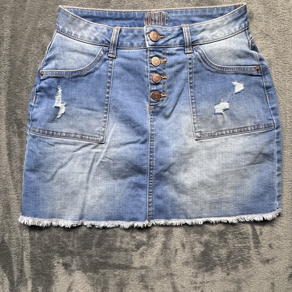 Justice Girls Denim Stretch Jeans Button Up Skirt Size 16 Built-in Shorts